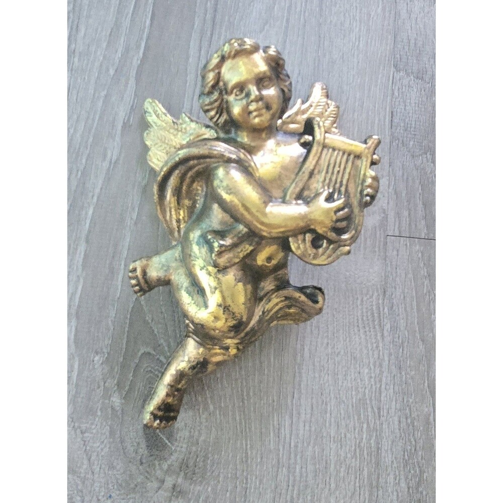Christmas Ornament Gold Angel Blow Mold Cherub Musician 9 Inches Long